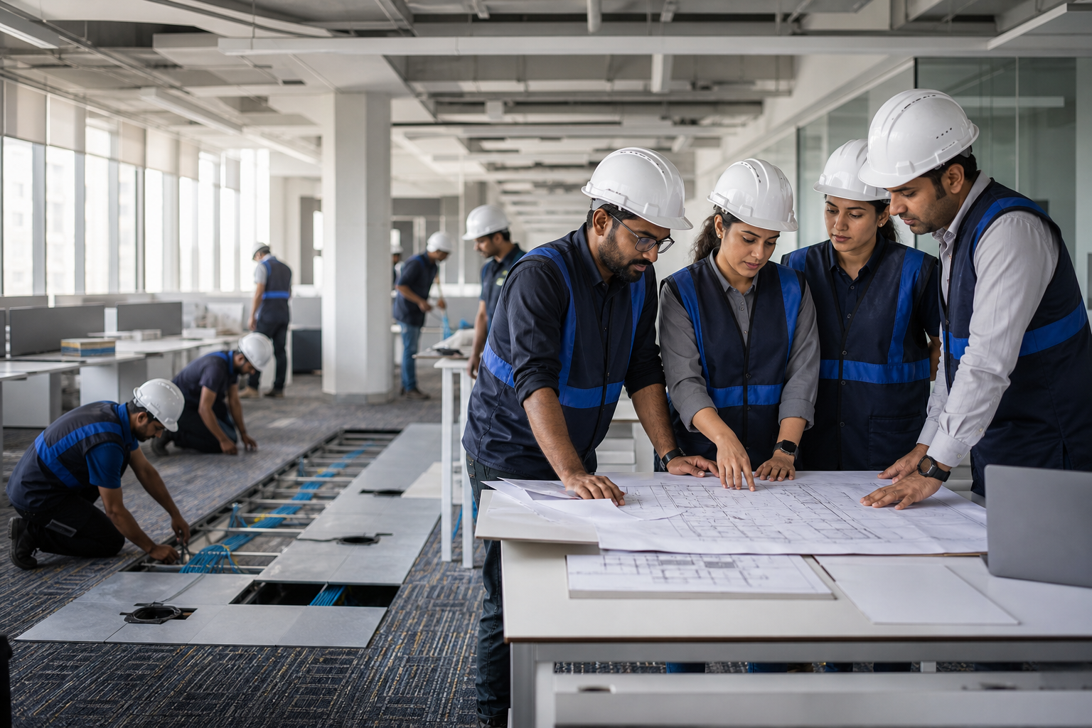 Indian project team coordinating cabling, furniture and fit-out installation
