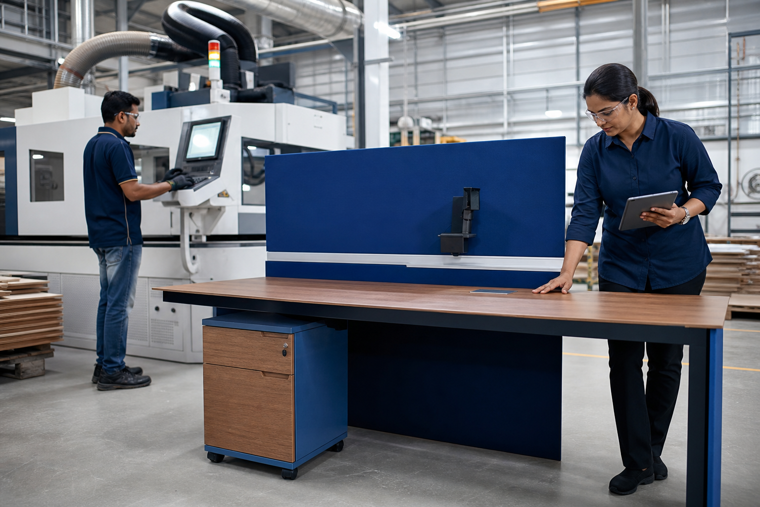 Indian manufacturing team inspecting a modular workstation in the Sylvesa blue palette