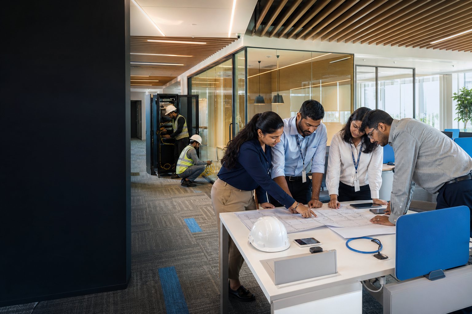 Indian engineers coordinating an integrated workspace project in Bhubaneswar